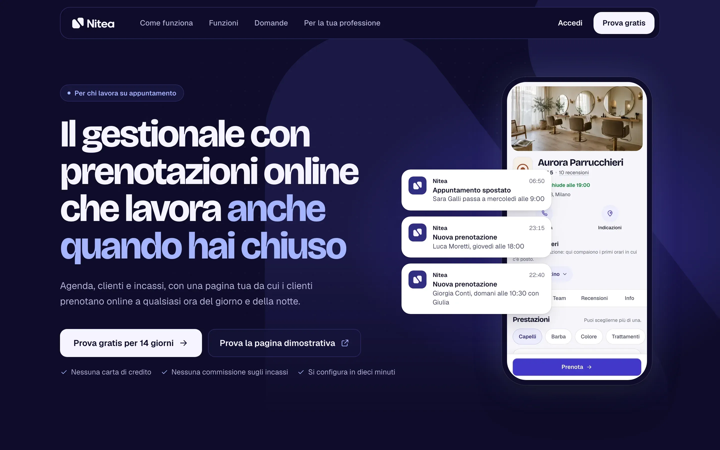 Home page di nitea.it con la pagina di prenotazione e le notifiche delle nuove prenotazioni